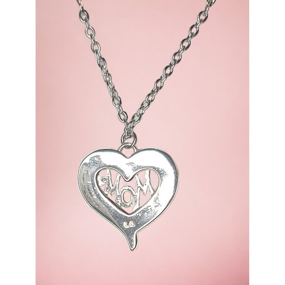 Rhinestone Heart Mom Pendant Charm Necklace Silver Tone 18" Signed LA - Picture 3 of 3